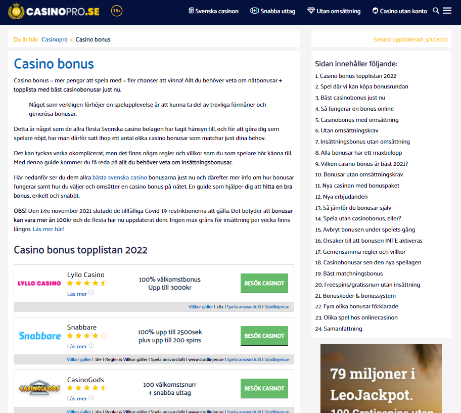 Uppdatering för casinobonus