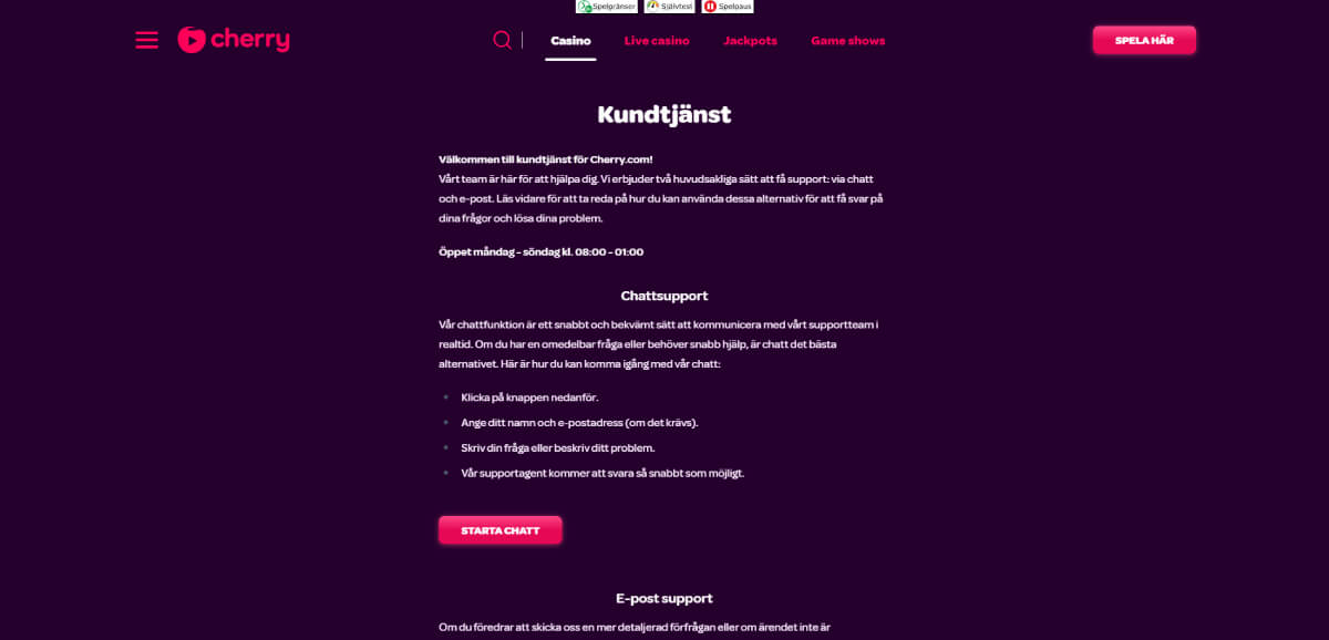 cherry casino kundtjänst