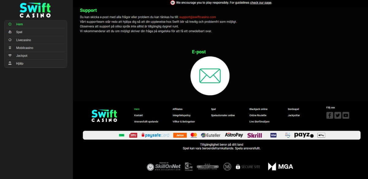 Swift Casino support